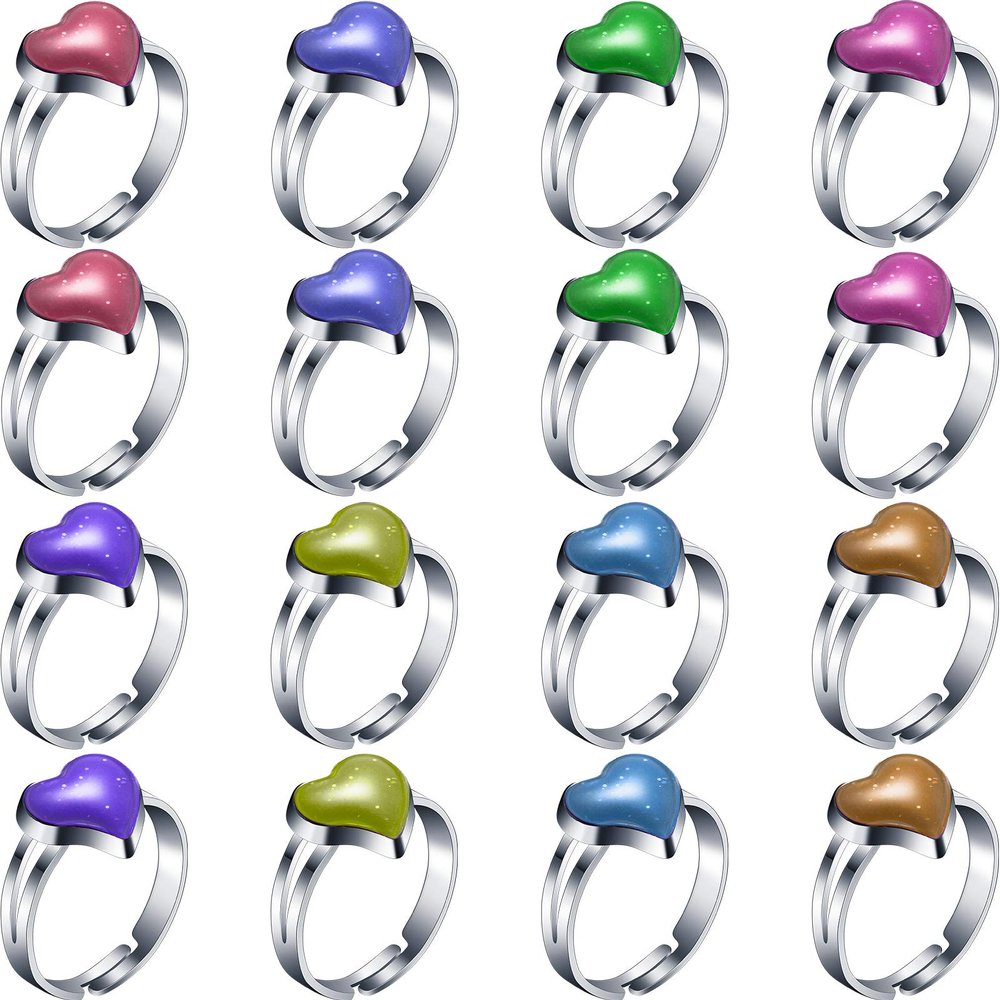 Hicarer 16 Pcs Adjustable Mood Rings Mixed Color Heart Shape Changing Mood Rings for Girls Boys Kids Emotion Feeling Finger Accessories Costume Props Children's Day Birthday Party Favors