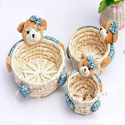 3 Pcs Woven Storage Basket Cube Basket Box Cartoon Bear Doll Straw Storage Basket/Storage Box/Desktop Storage Jewelry Basket