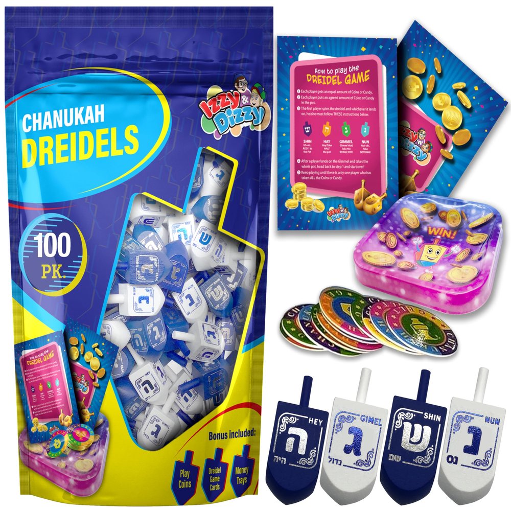 Izzy 'n' Dizzy Hanukkah Blue and White Wooden Dreidel, Hand Painted, Game Instructions Included - Bulk (Pack of 100) - Medium