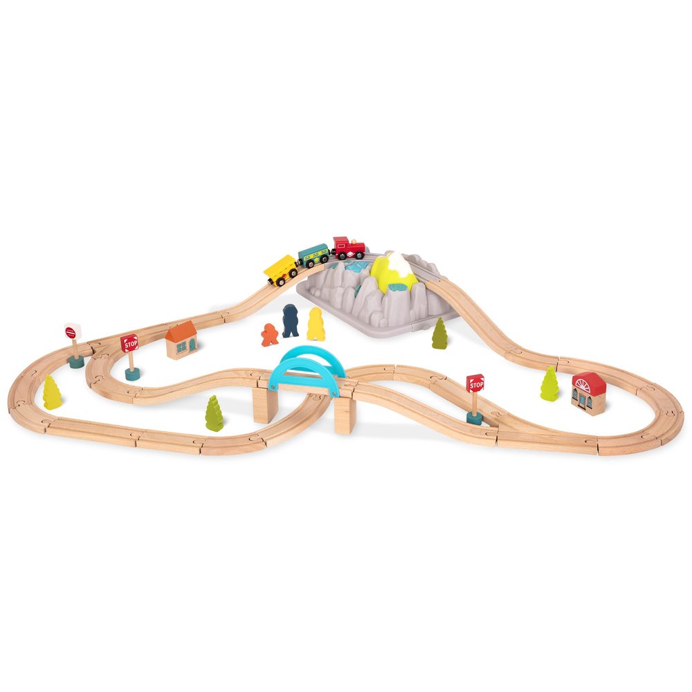 B. toys Wood & Wheels Train Set 47 Pieces Tracks & Accessories Storage Bucket with Mountain Lid Classic Toys for Toddlers, Kids 3+ Years