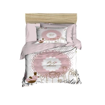 100% Cotton Baby Bedding, Bbaby Shower Letters and Birds Themed Duvet Cover Set, Crib Bedding for Baby Girls, Pink