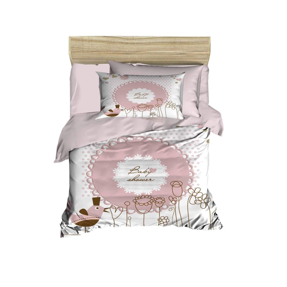 100% Cotton Baby Bedding, Bbaby Shower Letters and Birds Themed Duvet Cover Set, Crib Bedding for Baby Girls, Pink