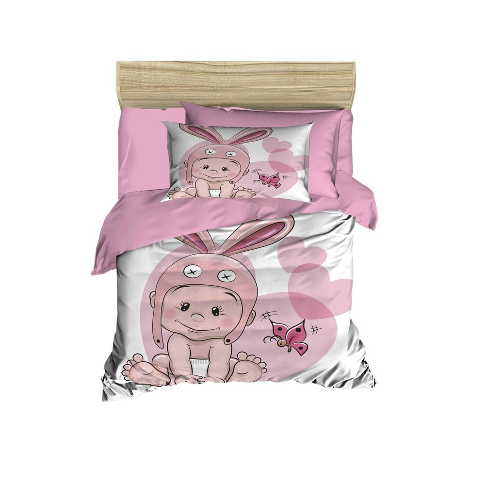 100% Cotton Baby Bedding, Stork and Baby Themed Duvet Cover Set, Crib Bedding for Baby Girls, Pink