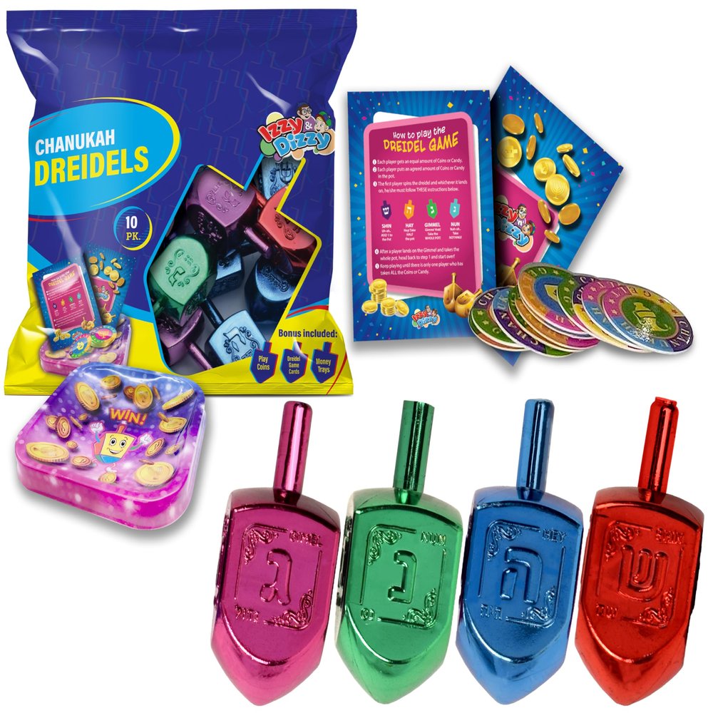 Izzy 'n' Dizzy Hanukkah Multicolor Metallic Dreidel (Pack of 10) - Medium