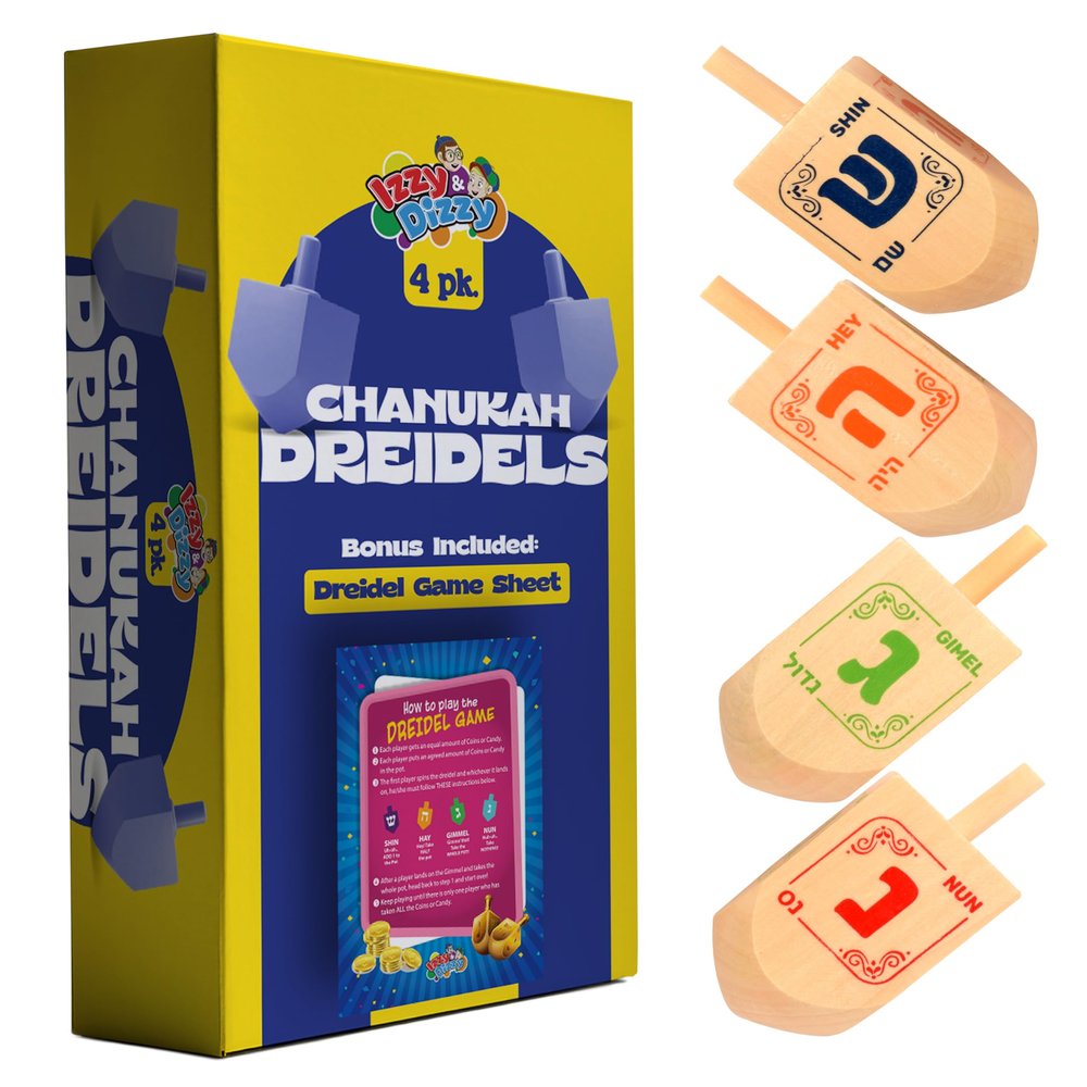 Izzy 'n' Dizzy Hanukkah Natural Wooden Dreidel (Pack of 4) - Medium