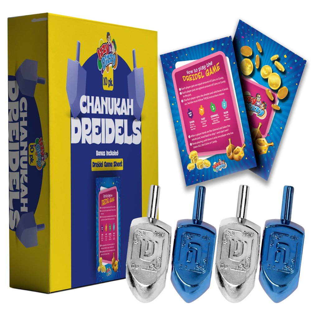Izzy 'n' Dizzy Hanukkah Dreidels - Metallic Blue and Silver Dreidel - 10 Pack Medium