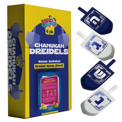 Izzy 'n' Dizzy Hanukkah Dreidels - Blue and White Wooden Dreidel - 4 Pack Medium - Hand Painted - Game Instructions Included