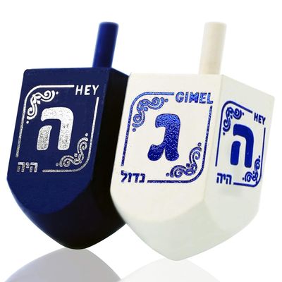 Izzy 'n' Dizzy Hanukkah Dreidels - Extra Large Blue and White Wooden Dreidel - 2 Pack