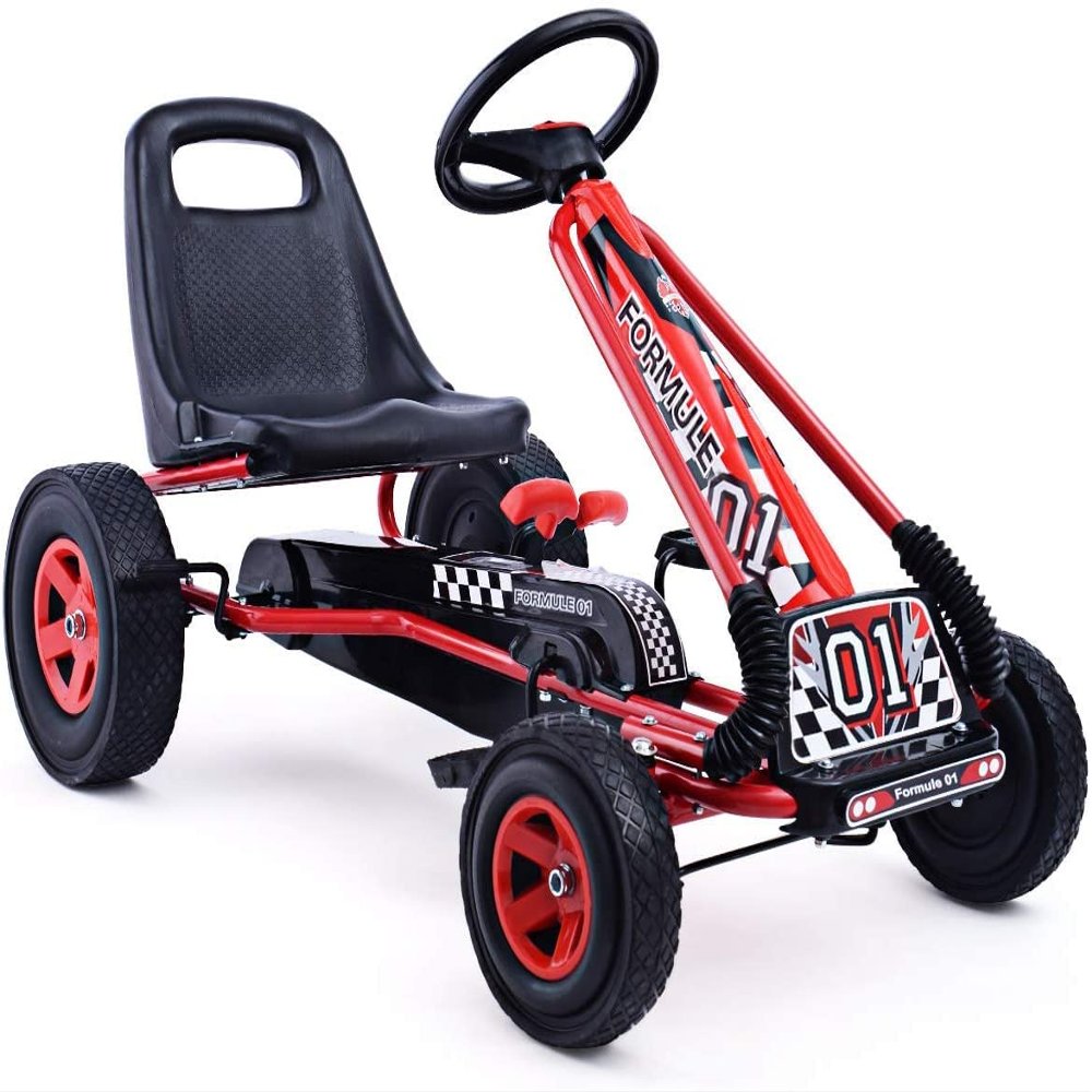 HONEY JOY Go Kart for Kids, 4 Wheel Quad Off-Road Pedal On Foot Go Cart w/Steering Wheels & Adjustable Seat, 2 Safety Brakes, EVA Tires, Clutch, Outdoor Racer Ride On Pedal Car (Red)