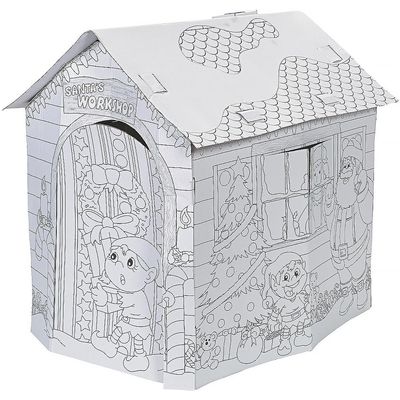 Fun Express Cardboard Playhouse for Kids Indoor - DIY Santa Workshop Christmas House to Color | Toddler Play House Holiday Craft Activity with Doors & Windows | 28.5" x 34.5" x 35" Easy Assembly