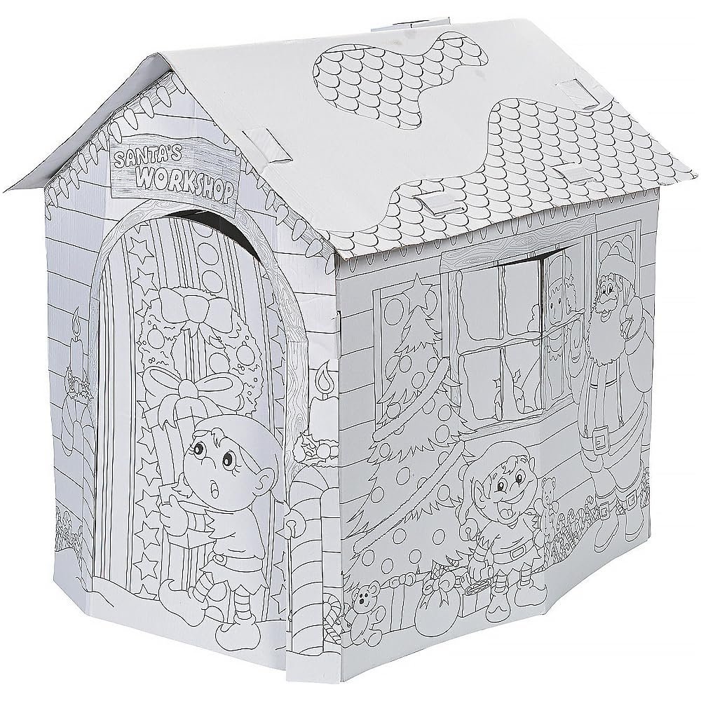 Fun Express Cardboard Playhouse for Kids Indoor - DIY Santa Workshop Christmas House to Color | Toddler Play House Holiday Craft Activity with Doors & Windows | 28.5" x 34.5" x 35" Easy Assembly