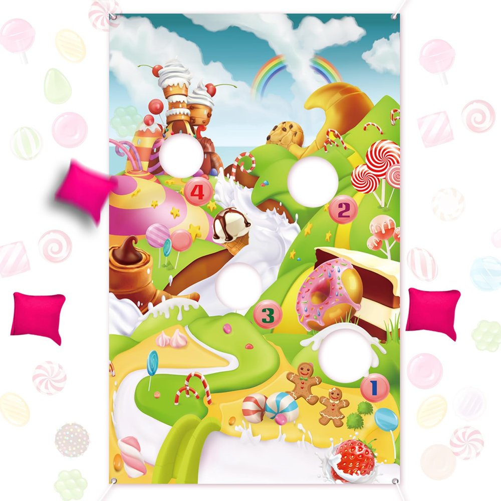 Blulu Candy Cane Land Toss Games With 3 Bean Bags, Ice Cream Cone Toss Game, Sweet Adventures Theme Wall Decoration for Lollipop Party Supplies, Christmas Gingerbread Candy Wonderland