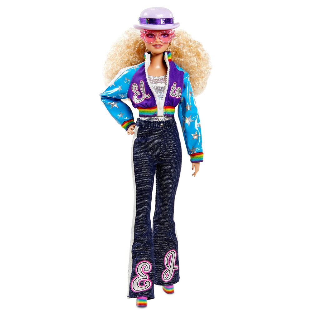 Barbie Elton John Collector Doll (12-inch, Curly Blonde Hair) in Bomber Jacket and Flared Denim, with Doll Stand and Certificate of Authenticity