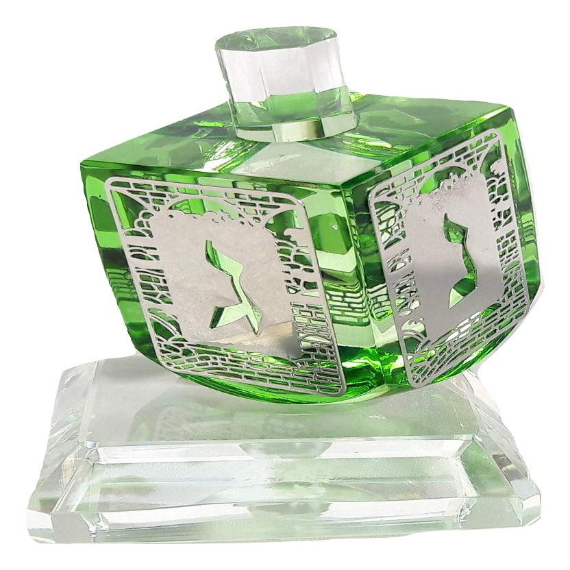 New Green Chanukah Hanukkah Crystal Israel Dreidel&Display Sevivon top Spinning