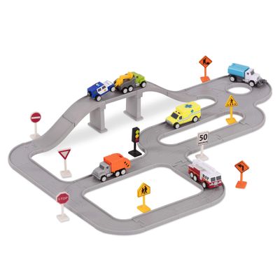 Driven by Battat 57-Pieces Safe & Clean City Crew Pocket Playset with Work Vehicles, Tracks & Road Signs Durable Toys for Imaginative Play Multicoloured for 3+ Years