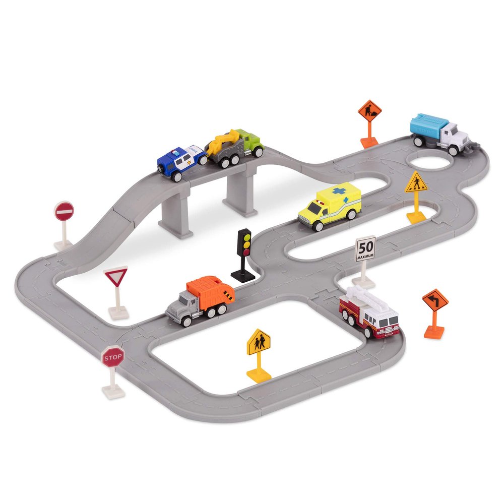 Driven by Battat  57-Pieces Safe & Clean City Crew Pocket Playset with Work Vehicles, Tracks & Road Signs  Durable Toys for Imaginative Play  Multicoloured  for 3+ Years