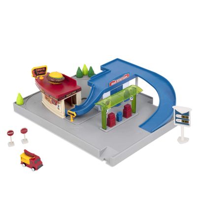Driven by Battat  Gas Station & Drive-Thru Restaurant Playset with Food Truck  Toy with Moving Parts  Compatible with Pocket Series Tracks  for Kids Ages 3+