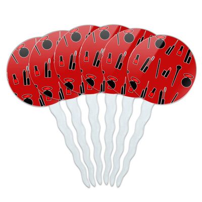 Makeup Lipstick Mascara Eyeliner Pattern Cupcake Picks Toppers Decoration