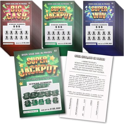 30 Pack Fake Scratch Off Lottery Tickets, Gag Prank Winning Lotto Ticket Cards (3 Designs)