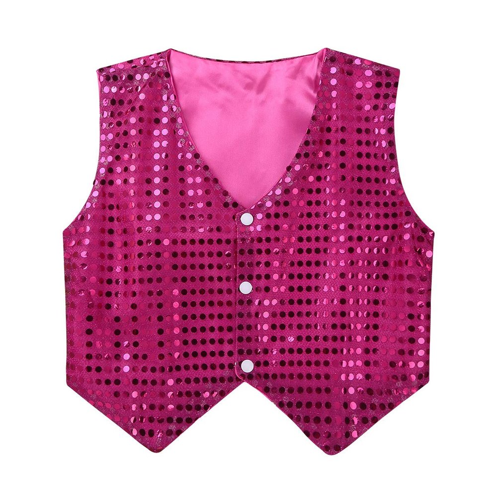 Aislor Kids Big Boys Sparkly Vest Shirt Jacket Jazz Hip Hop Stage Performance Waistcoat Coat Rose Red 8-9 Years