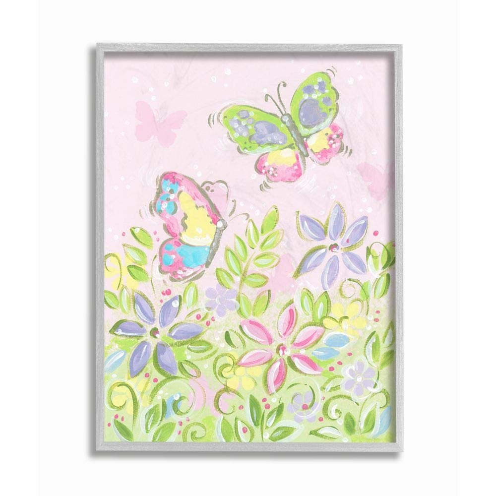 The Kids Room by Stupell Pastel Butterflies and Flowers Gray Framed Wall Art, 11x14, Multi-Color