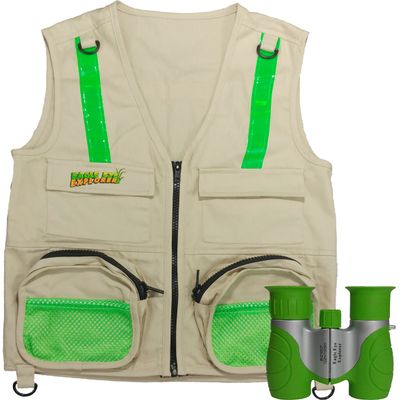 Eagle Eye Explorer Combination Set: 1 Tan X-Small Explorer Kids Cargo Vest: Reflective Safety Straps + 1 Green 8x21 Mag. Binoculars: Soft Rubber Eye Piece for boys & girls, Waterproof