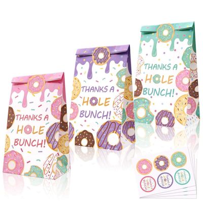 Levfla 24 PCS Donut Candy Bags Sprinkles Goodie Bags Thanks A Hole Bunch Stickers Sweet Doughnut Favor Ideas Kids Birthday Party Bash Decoration Supplies