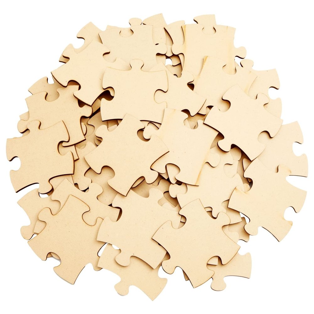 Blank Wooden Puzzle Pieces for Crafts - Blank Puzzle Pieces & Paintable Interlocking Cutouts - Bulk Set for DIY Crafts - 3 x 3.5 in, Brown MDF, Pack of 50
