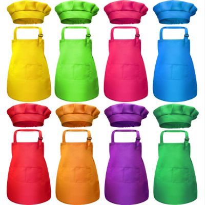 SATINIOR 8 Set Kids Apron and Chef Hat Set Kids Apron with 2 Pockets Adjustable for Boys Girl's Cooking Baking Painting (Multi-Color,S for 2-6 Age)