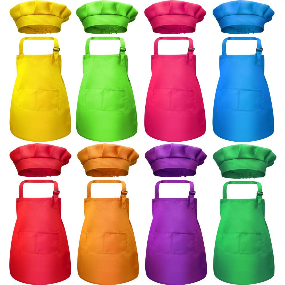 SATINIOR 8 Set Kids Apron and Chef Hat Set Kids Apron with 2 Pockets Adjustable for Boys Girl's Cooking Baking Painting (Multi-Color,S for 2-6 Age)