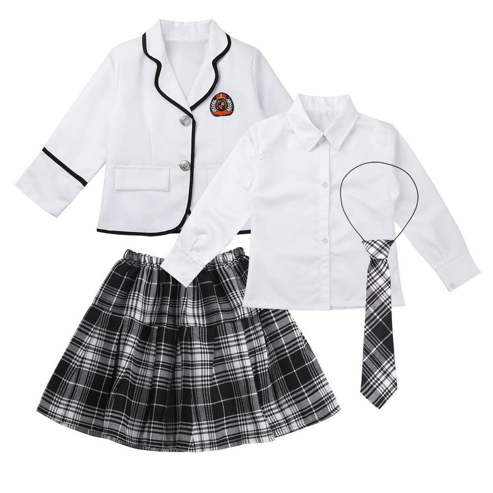Aislor Girls' Kids Japanese Anime School Uniform British Style Costume Coat with Shirt Tie Mini Plaid Skirt Set White 12-14 Years