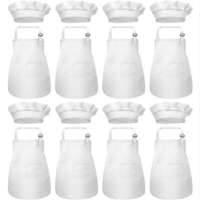 SATINIOR 8 Set Kids Apron and Chef Hat Set Kids Apron with 2 Pockets Adjustable for Boys Girl's Cooking Baking Painting