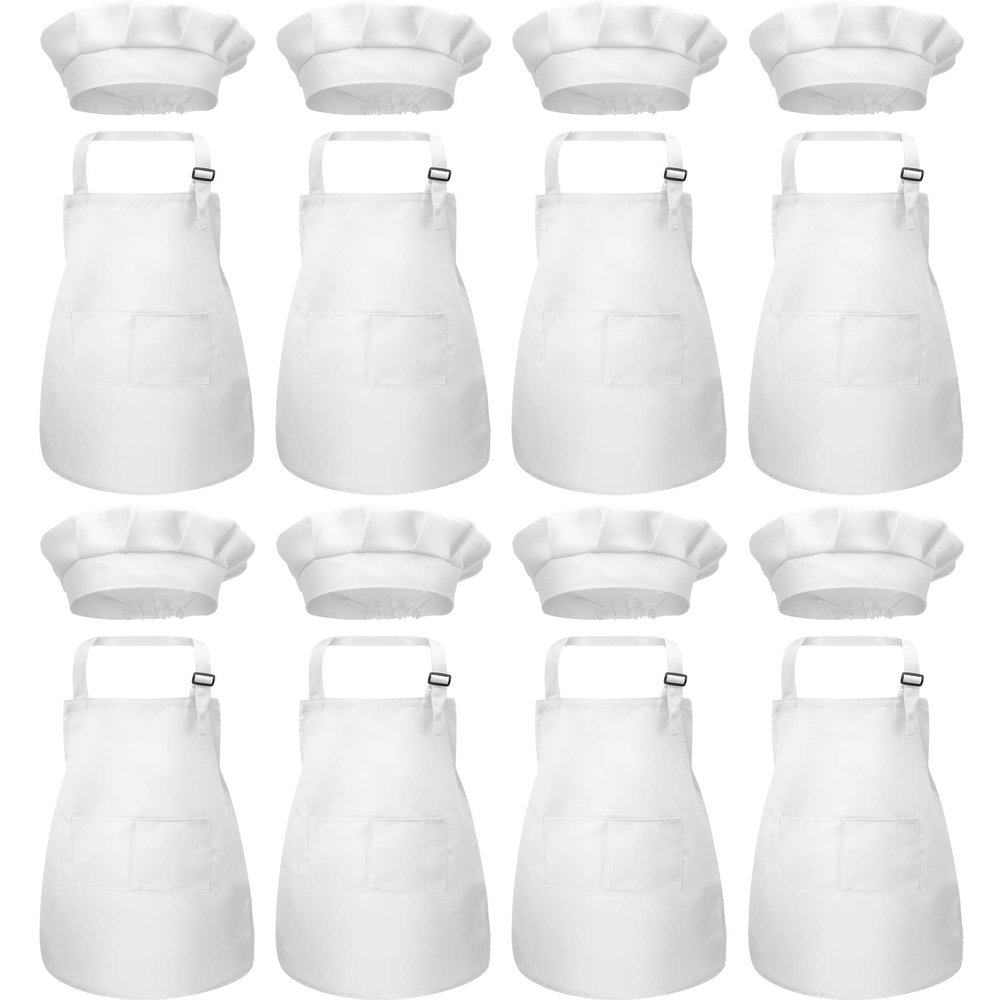 SATINIOR 8 Set Kids Apron and Chef Hat Set Kids Apron with 2 Pockets Adjustable for Boys Girl's Cooking Baking Painting