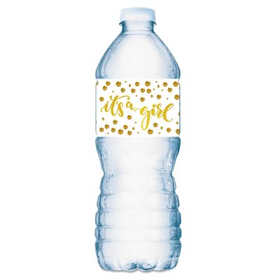 20 Gold Its a Girl Oh Baby Water Bottle Labels; Baby Shower Set of 20 Waterproof Water Bottle Stickers Wrappers, Decorations; Gold and White. Made in USA
