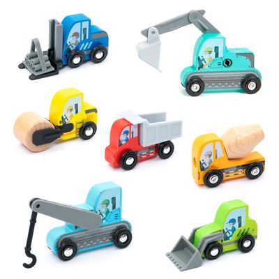 umu Construction Toy Cars 7 PCS Wooden Kids Mini Vehicles for Toddlers, Compatible to Thomas Train Toys Railway and Major Brands, Best for 3 to 5 Year Old Boys and Girls