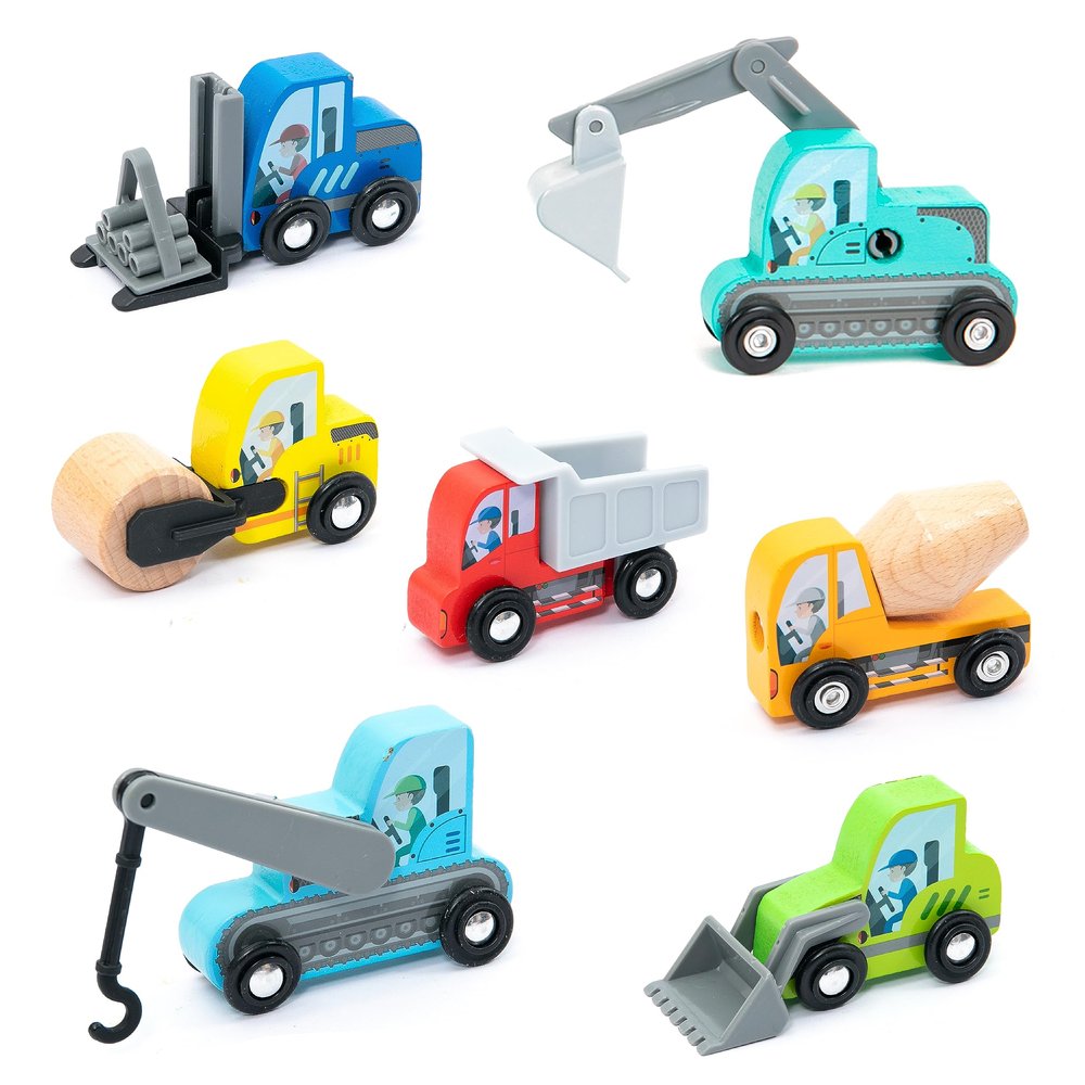umu Construction Toy Cars 7 PCS Wooden Kids Mini Vehicles for Toddlers, Compatible to Thomas Train Toys Railway and Major Brands, Best for 3 to 5 Year Old Boys and Girls