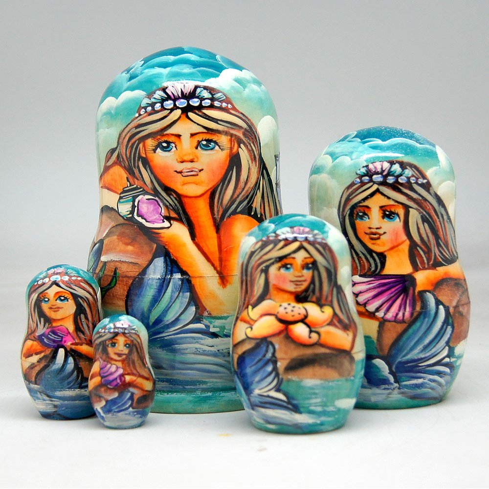 G. Debrekht Mermaid, Mrs. of The Sea 5-Nest Matreshka Wooden Nesting Dolls Set - 130722 by