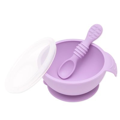 Bumkins Baby Bowl, Silicone Feeding Set with Suction for Baby and Toddler, Includes Spoon and Lid, First Feeding Set, Training Essentials for Baby Led Weaning for Babies 4 Months Up, Lavender
