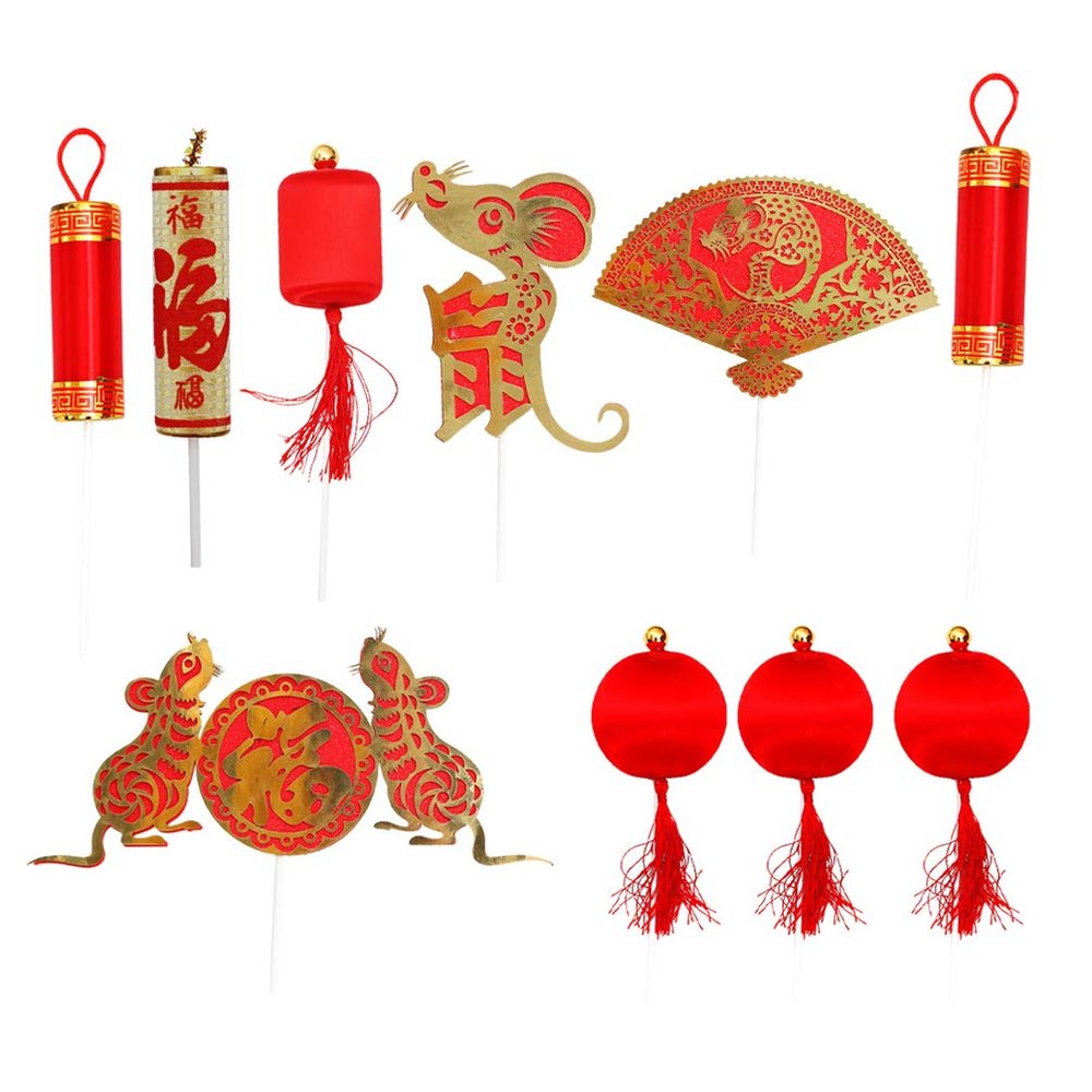 10pcs Chinese New Year Cupcake Toppers New Year Cake Decorations Eve Party Supplies Mixed