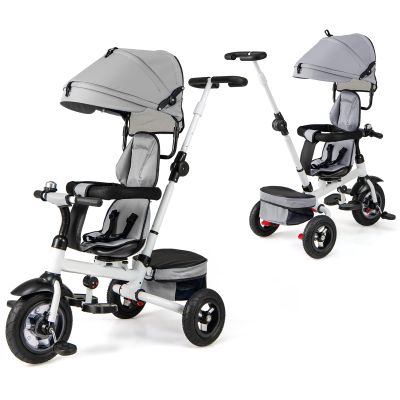 Costzon Tricycle, 5 in 1 Toddler Bike w/Foldable Push Handle, Rotatable Seat, EVA Wheel, Adjustable Canopy, Storage Basket & Bell, Trike for Kids 1-5 Years Old (Gray)