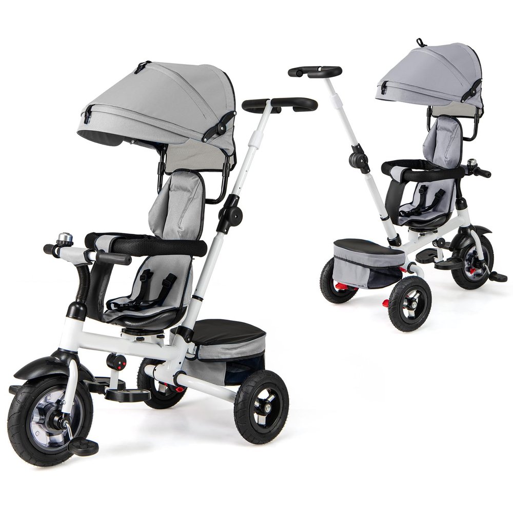 Costzon Tricycle, 5 in 1 Toddler Bike w/Foldable Push Handle, Rotatable Seat, EVA Wheel, Adjustable Canopy, Storage Basket & Bell, Trike for Kids 1-5 Years Old (Gray)