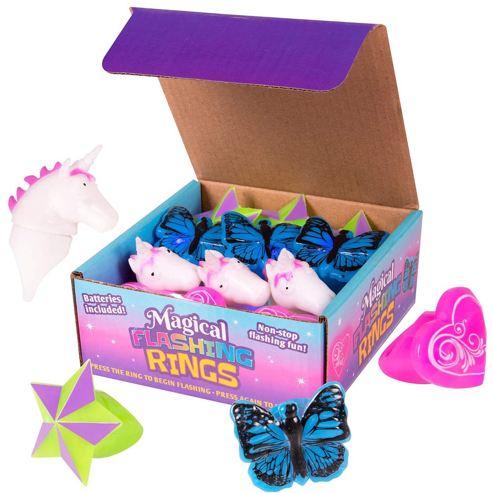 Narwhal Novelties Unicorn Mystical Glow In The Dark Rings Treasure Box Toys for Classroom Prizes, Bumpy Rings Birthday Party Favor for Kids, Led Light Up Toys Bulk Neon Party Supplies (Pack of 12)