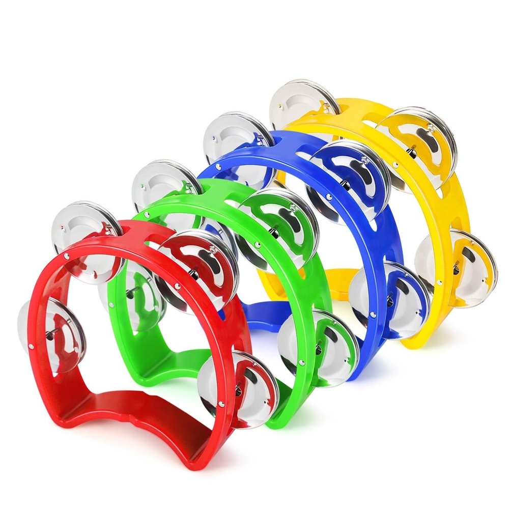 Flexzion Half Moon Musical Tambourine Set of 4, Red Yellow Blue Green, Double Row Metal Jingles Hand Held Percussion Drum with Ergonomic Handle Grip