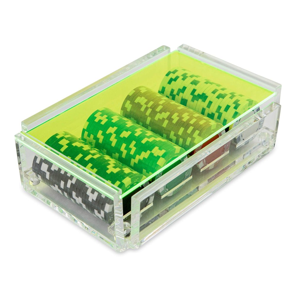 Luxe Dominoes La Ficha Poker Chip Set, 100 Heavy Sturdy Chips, Includes 4 Color Chips for Gambling, Hand Made Acrylic Box with Color Lid (Neon Green)