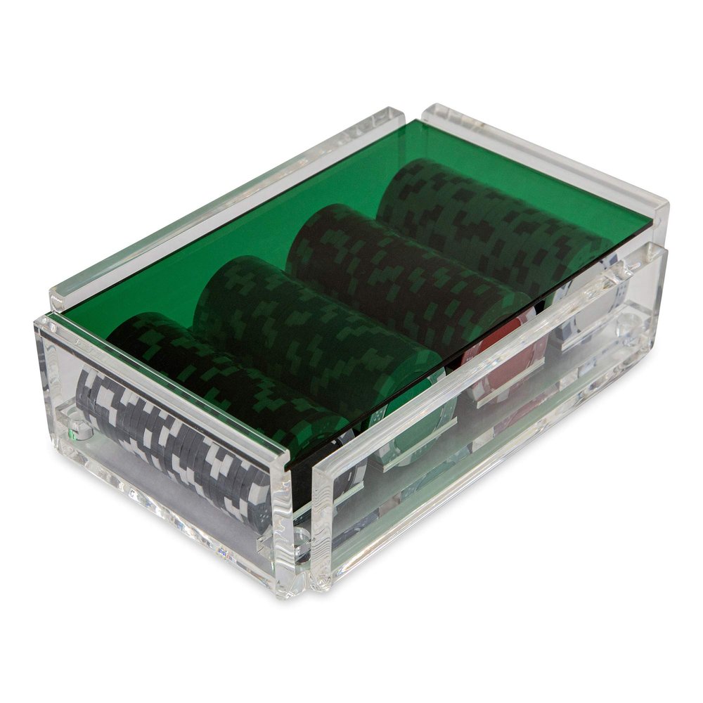 Luxe Dominoes La Ficha Poker Chip Set, 100 Heavy Sturdy Chips, Includes 4 Color Chips for Gambling, Hand Made Acrylic Box with Color Lid (Green)