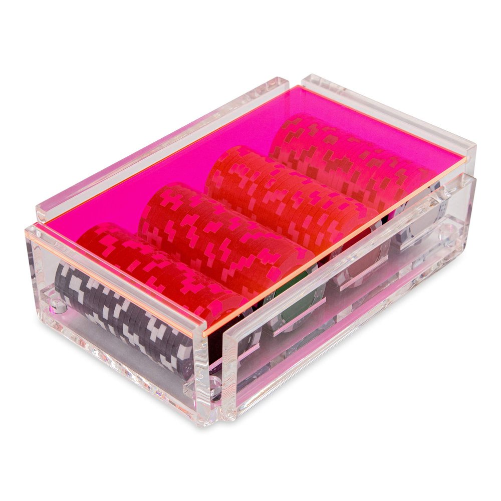 Luxe Dominoes La Ficha Poker Chip Set, 100 Heavy Sturdy Chips, Includes 4 Color Chips for Gambling, Hand Made Acrylic Box with Color Lid (Neon Pink)