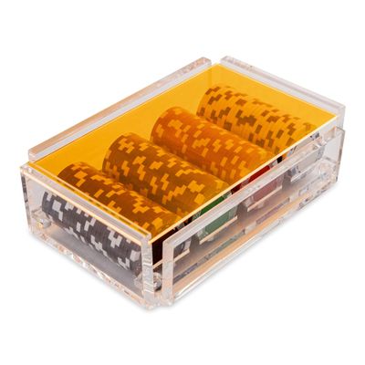 Luxe Dominoes La Ficha Poker Chip Set, 100 Heavy Sturdy Chips, Includes 4 Color Chips for Gambling, Hand Made Acrylic Box with Color Lid (Neon Orange)