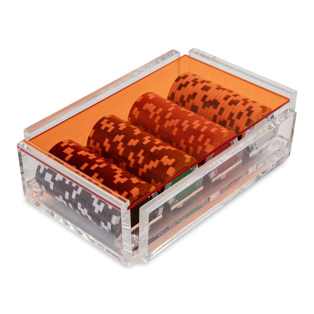 Luxe Dominoes La Ficha Poker Chip Set, 100 Heavy Sturdy Chips, Includes 4 Color Chips for Gambling, Hand Made Acrylic Box with Color Lid (Orange)