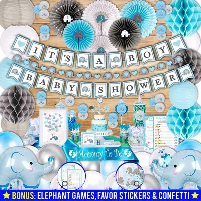 697 Piece Blue Elephant Baby Shower Decorations for Boy Kit - It's a BOY Pre-Strung Banners, Garland Guestbook Mommy to Be Sash Balloons Cake Toppers Fans Lantern Napkins Straws Games & Favor Stickers