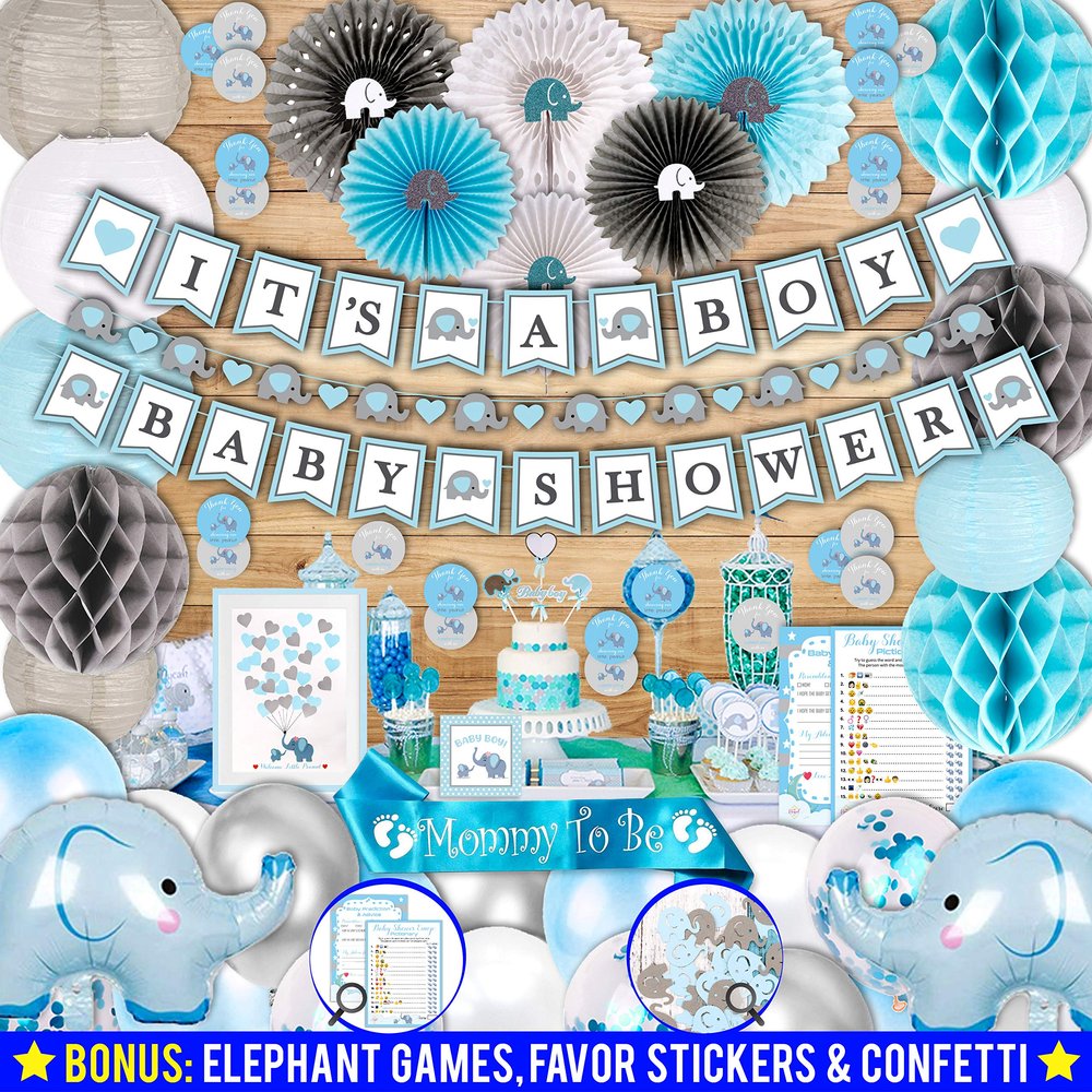 697 Piece Blue Elephant Baby Shower Decorations for Boy Kit - It's a BOY Pre-Strung Banners, Garland Guestbook Mommy to Be Sash Balloons Cake Toppers Fans Lantern Napkins Straws Games & Favor Stickers